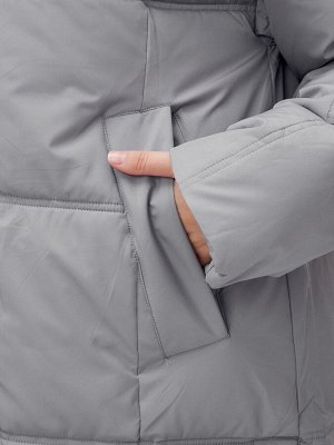 Пальто летучая мышь женское с капюшоном зимнее серого цвета 9619Sr