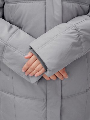 Пальто летучая мышь женское с капюшоном зимнее серого цвета 9619Sr