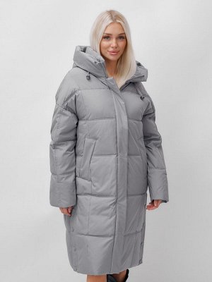 Пальто летучая мышь женское с капюшоном зимнее серого цвета 9619Sr