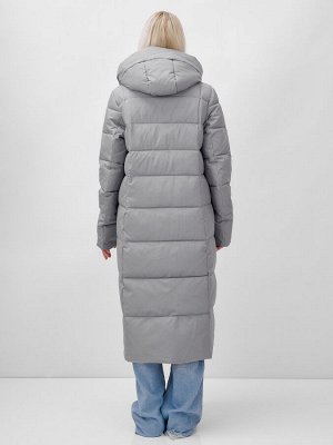 Пальто утепленное стеганное зимнее с капюшоном женское серого цвета 9620Sr