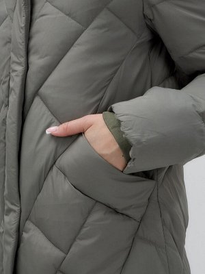 Пальто утепленное стеганное зимнее с капюшоном женское цвета хаки 9612Kh