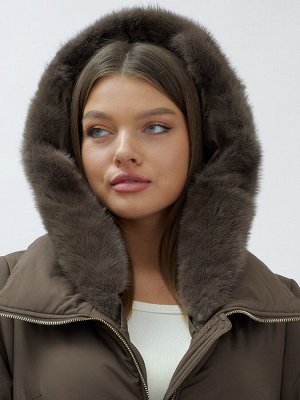 Пальто зимнее женское стильное с норкой люкс класса коричневого цвета 8628K