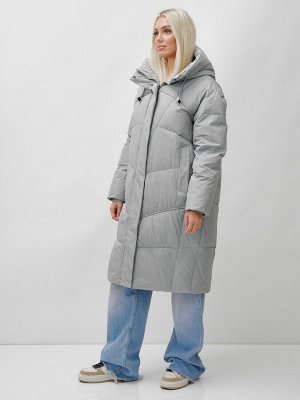 Пальто летучая мышь женское с капюшоном зимнее серого цвета 9616Sr