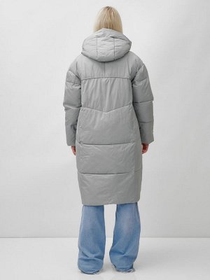 Пальто летучая мышь женское с капюшоном зимнее серого цвета 9616Sr
