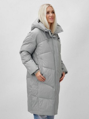 Пальто летучая мышь женское с капюшоном зимнее серого цвета 9616Sr