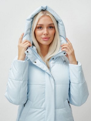 Пальто утепленное стеганное зимнее с капюшоном женское голубого цвета 9607Gl