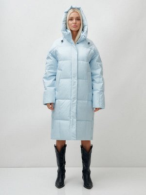 Пальто летучая мышь женское с капюшоном зимнее голубого цвета 9619Gl