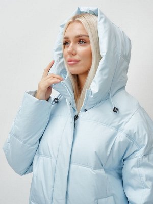 Пальто летучая мышь женское с капюшоном зимнее голубого цвета 9619Gl