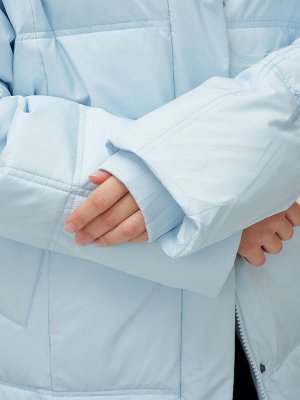 Пальто летучая мышь женское с капюшоном зимнее голубого цвета 9619Gl