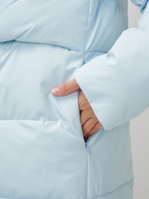 Пальто утепленное стеганное зимнее с капюшоном женское голубого цвета 9620Gl