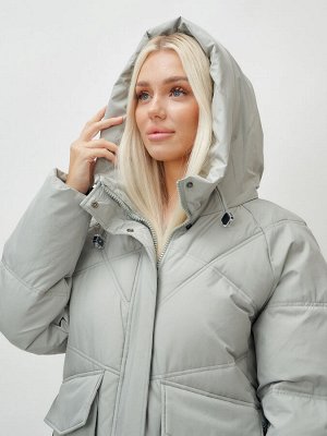 Пальто летучая мышь женское с капюшоном зимнее зеленого цвета 9618Z