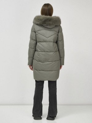Куртка женская зимняя с мехом енот премиум класса цвета хаки 3132Kh