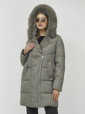 Куртка женская зимняя с мехом енот премиум класса цвета хаки 3132Kh
