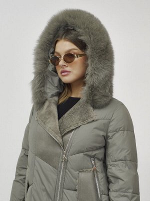 Куртка женская зимняя с мехом енот премиум класса цвета хаки 3132Kh