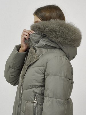 Куртка женская зимняя с мехом енот премиум класса цвета хаки 3132Kh