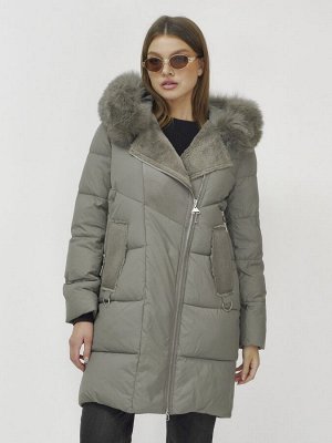 Куртка женская зимняя с мехом енот премиум класса цвета хаки 3132Kh