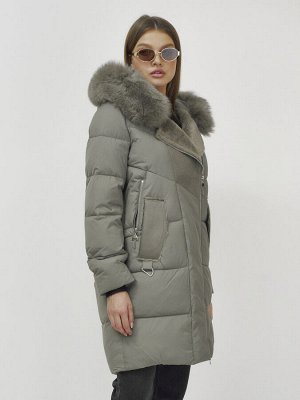 Куртка женская зимняя с мехом енот премиум класса цвета хаки 3132Kh