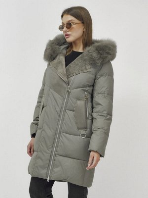 Куртка женская зимняя с мехом енот премиум класса цвета хаки 3132Kh