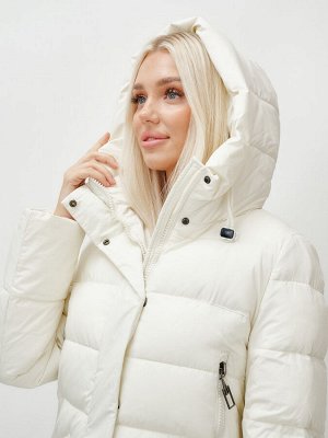 Пальто утепленное стеганное зимнее с капюшоном женское бежевого цвета 9610B