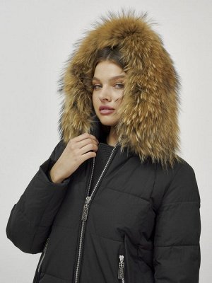 Куртка женская зимняя с мехом енот премиум класса черного цвета 381Ch