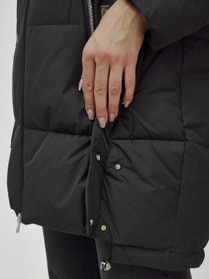 Куртка женская зимняя с мехом енот премиум класса черного цвета 381Ch