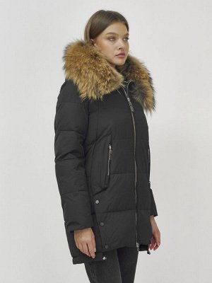 Куртка женская зимняя с мехом енот премиум класса черного цвета 381Ch