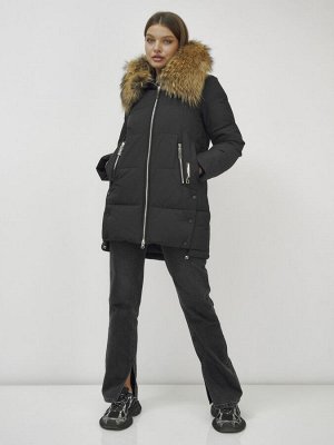 Куртка женская зимняя с мехом енот премиум класса черного цвета 381Ch