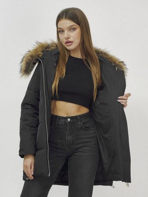 Куртка женская зимняя с мехом енот премиум класса черного цвета 381Ch