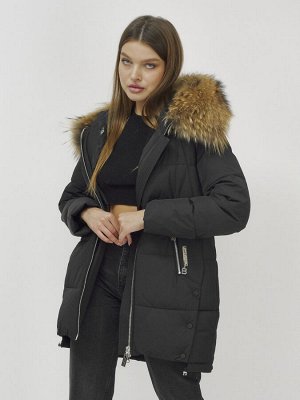 Куртка женская зимняя с мехом енот премиум класса черного цвета 381Ch