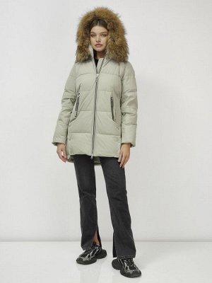 Куртка женская зимняя с мехом енот премиум класса светло-зеленого цвета 381ZS