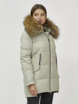 Куртка женская зимняя с мехом енот премиум класса светло-зеленого цвета 381ZS