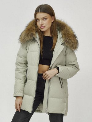 Куртка женская зимняя с мехом енот премиум класса светло-зеленого цвета 381ZS