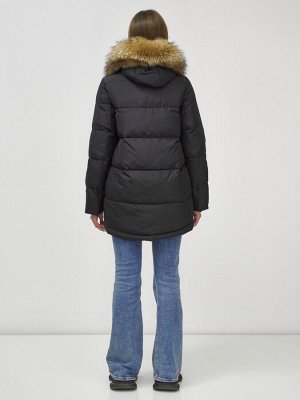 Куртка женская зимняя с мехом енот премиум класса черного цвета 3146Ch