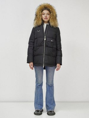 Куртка женская зимняя с мехом енот премиум класса черного цвета 3146Ch