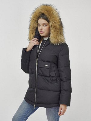 Куртка женская зимняя с мехом енот премиум класса черного цвета 3146Ch