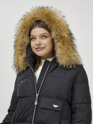 Куртка женская зимняя с мехом енот премиум класса черного цвета 3146Ch