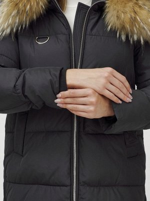 Куртка женская зимняя с мехом енот премиум класса черного цвета 3146Ch