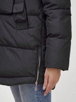 Куртка женская зимняя с мехом енот премиум класса черного цвета 3146Ch