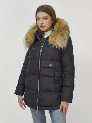 Куртка женская зимняя с мехом енот премиум класса черного цвета 3146Ch
