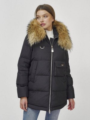 Куртка женская зимняя с мехом енот премиум класса черного цвета 3146Ch