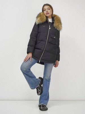 Куртка женская зимняя с мехом енот премиум класса черного цвета 3146Ch