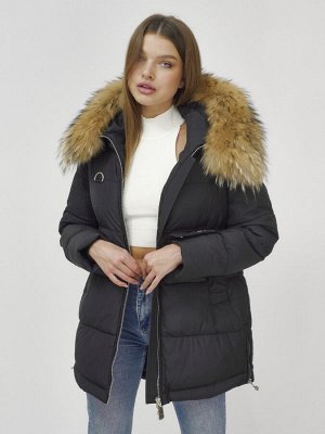 Куртка женская зимняя с мехом енот премиум класса черного цвета 3146Ch