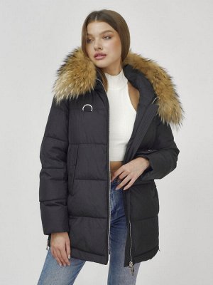 Куртка женская зимняя с мехом енот премиум класса черного цвета 3146Ch