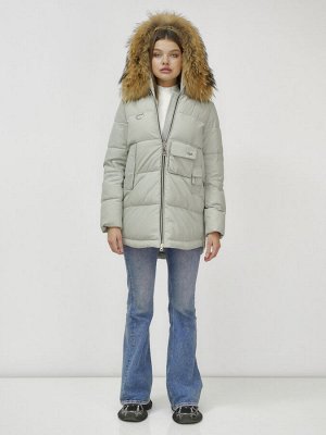 Куртка женская зимняя с мехом енот премиум класса светло-зеленого цвета 3146ZS