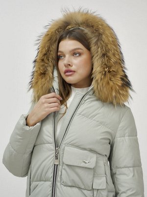 Куртка женская зимняя с мехом енот премиум класса светло-зеленого цвета 3146ZS