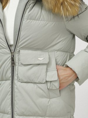 Куртка женская зимняя с мехом енот премиум класса светло-зеленого цвета 3146ZS