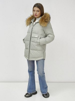 Куртка женская зимняя с мехом енот премиум класса светло-зеленого цвета 3146ZS