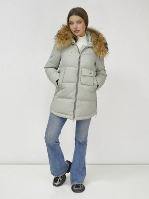 Куртка женская зимняя с мехом енот премиум класса светло-зеленого цвета 3146ZS