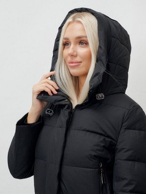Пальто утепленное стеганное зимнее с капюшоном женское черного цвета 9606Ch
