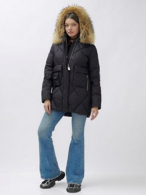 Куртка женская зимняя с мехом енот премиум класса черного цвета 3141Ch